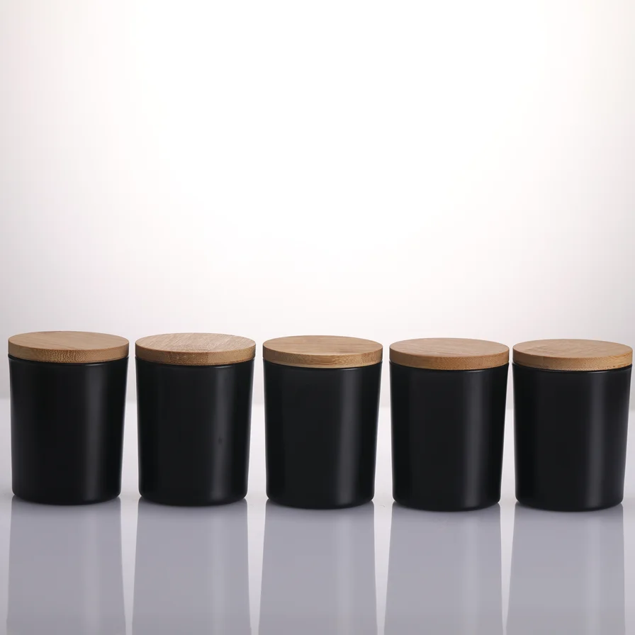 Wholesale Luxury Custom Empty Matte Black Glass Vessels Metal Frosted Candle Jars With Wooden