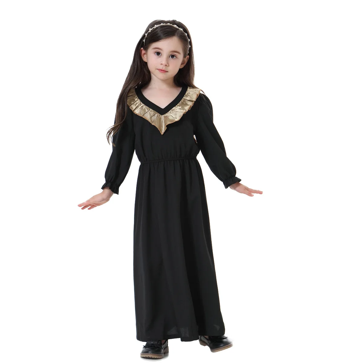 Muslim Kids Fashion Islamic Clothing Children Dress Solid Color V-Neck Arab Long Sleeve Maxi Girls Robe Baby Clothes
