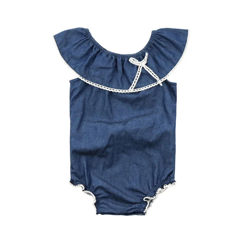 
Best selling Fashion High Quality Denim Clothing Sleeveless Rompers With Bow Baby Plain Jumpsuits Snap Buttons Romper 