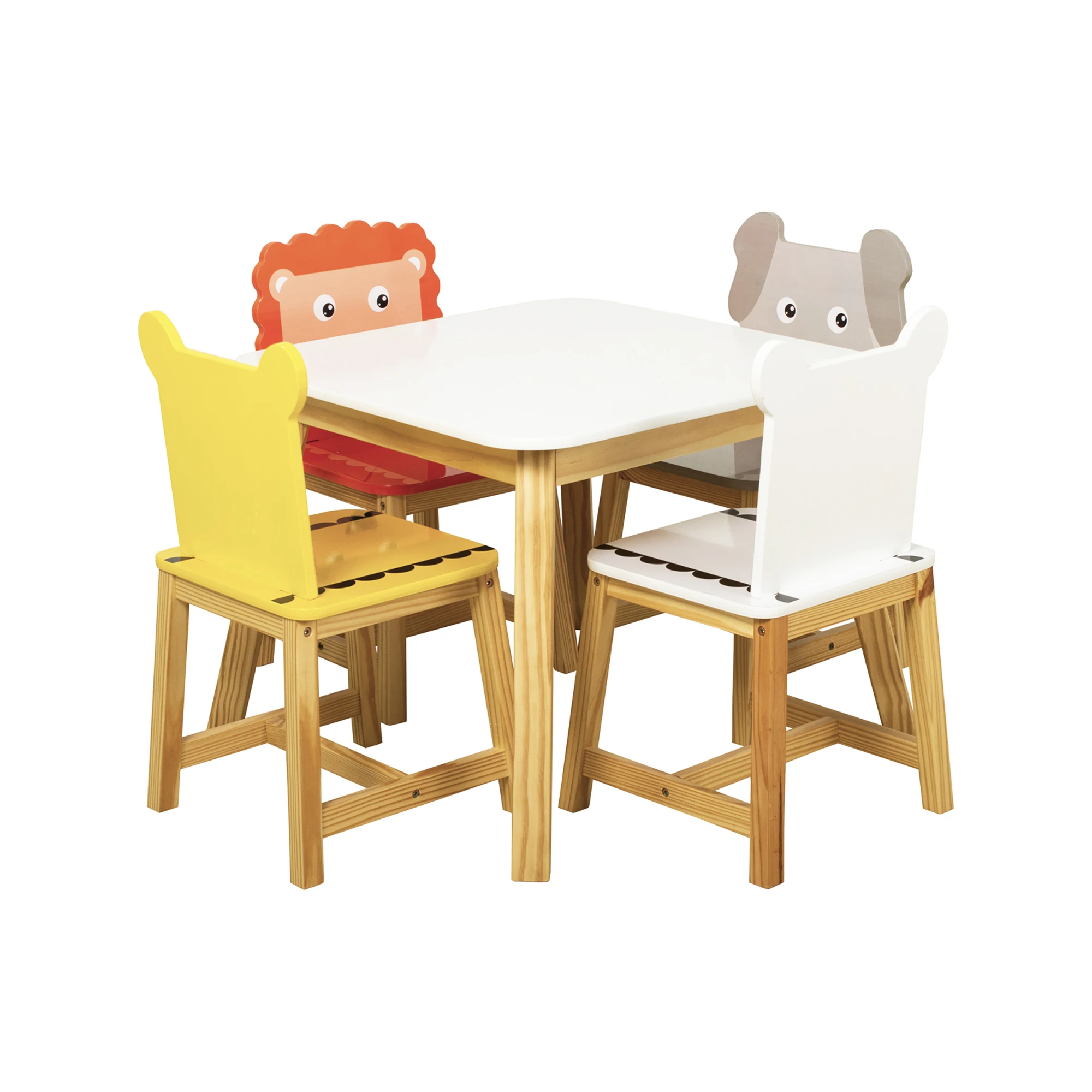 5 Piece Kiddy Table and Chair Set , Kids Wood Table with 4 Chairs Set Cartoon Animals(2-7 years old)