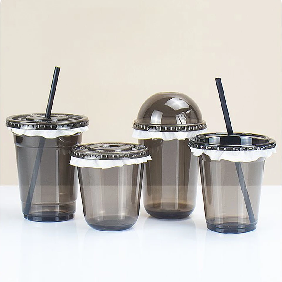 Factory price 400ml 98mm black PET cup ice coffee cold drink bubble boba tea disposable plastic cups with lid