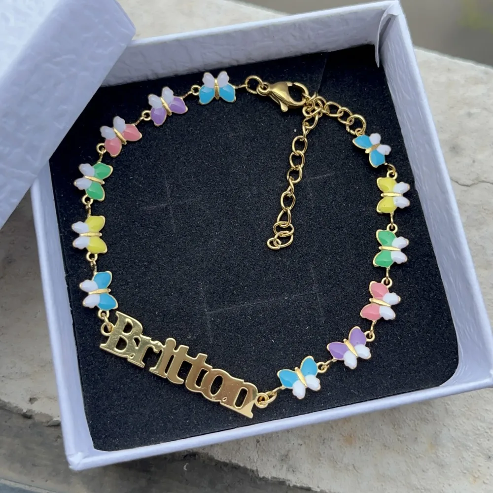 QIUHAN Mixed Color Enamel Nameplate Bracelet Stainless Steel Custom Name Butterfly Necklace