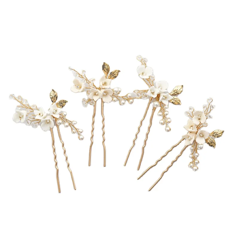 Sandro Bridal Wedding Vintage Hair Pin White Flower Gold Leaves Fancy Hairpin