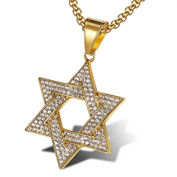 Unisex Hip Hop Gold Plated Pave Diamond Stainless Steel Star of David Pendant Necklace