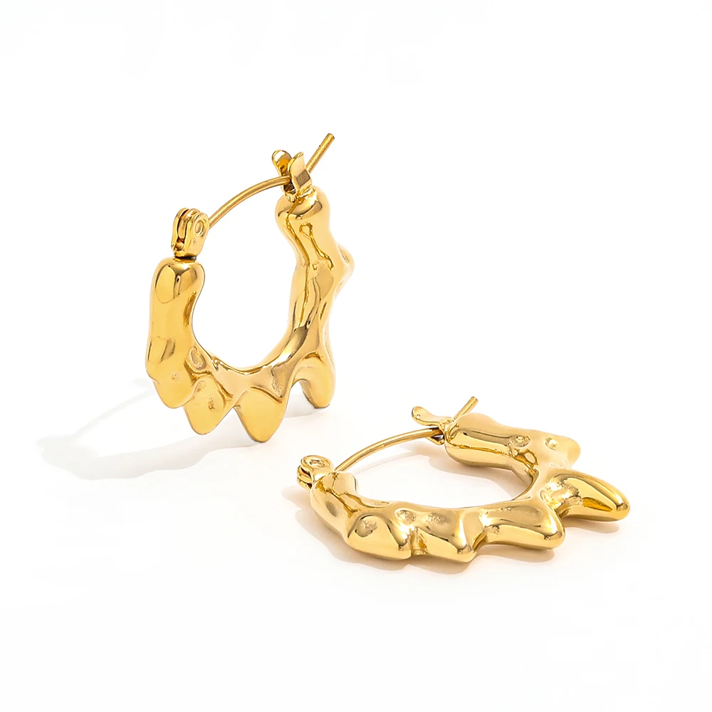 Trendy 18K Gold Plated Stainless Steel Earrings Irregular Geometric Melting Texture Hoop for Anniversary Wholesale
