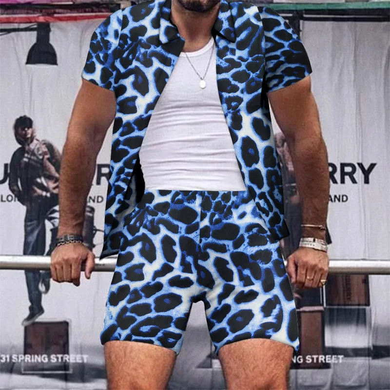 Explosive Leopard Print Mens Street Casual Print Short Sleeve mens shirts Shorts Fashion mens suits two piece set