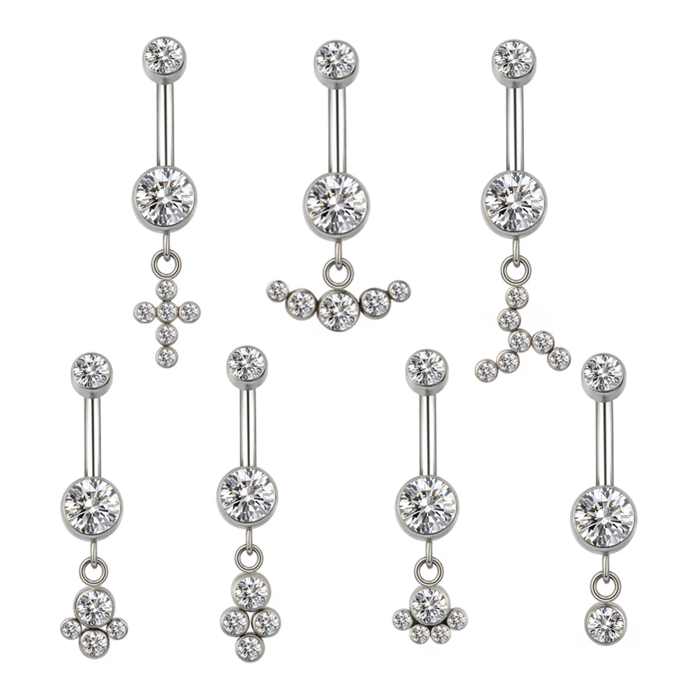 ASTM F136 Titanium Internally Threaded Bezel Set CZ With CZ Hang Belly Button Rings Navel Rings Hot Piercing Jewelry Hoop Zircon