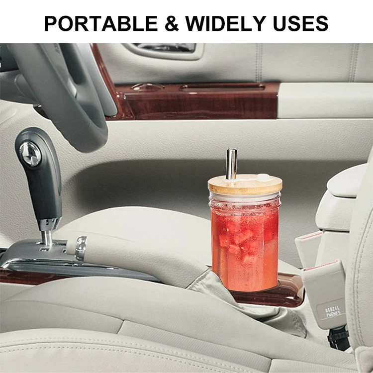 Reusable 24 oz Bubble Tea Cup Wide Mason Mug with Bamboo Lid and Stainless Straw Glass Smoothie Cups
