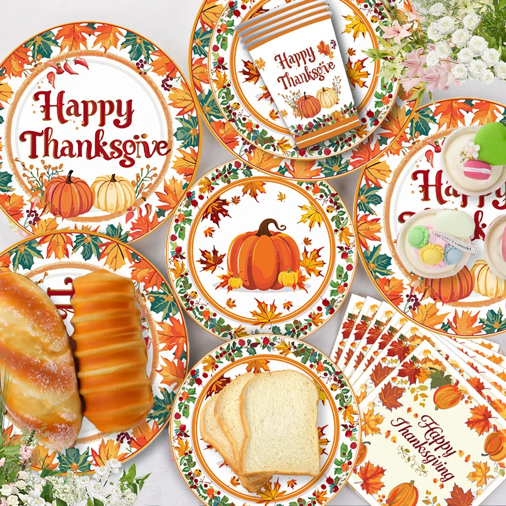 Thanksgiving Fall Party Supplies - Dinnerware Set with Autumn Maple Leaves Paper Plates Napkins Cups for Harvest Celebrations