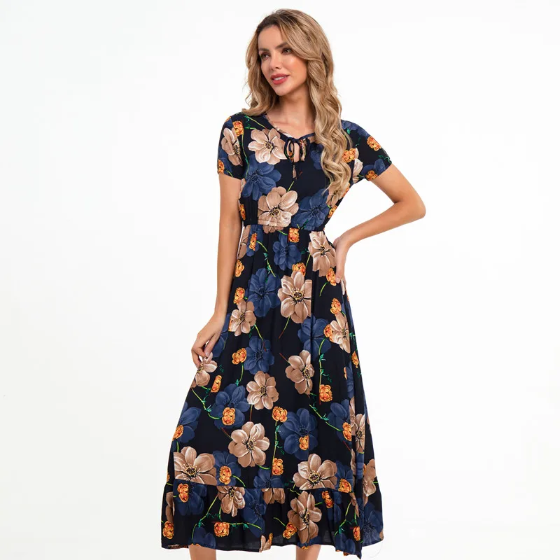 New Boho Floral Round Neck Long Skirt Dress Pattern Print Summer Elastic Waist Dress For Women