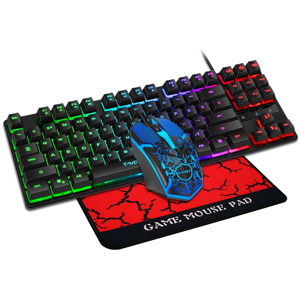 Twolf 87 Key Wired Game Keyboard Mouse and mouse pad 3in1 combo for PC computer gamer RGB LED rainbow light keyboard and Backlit