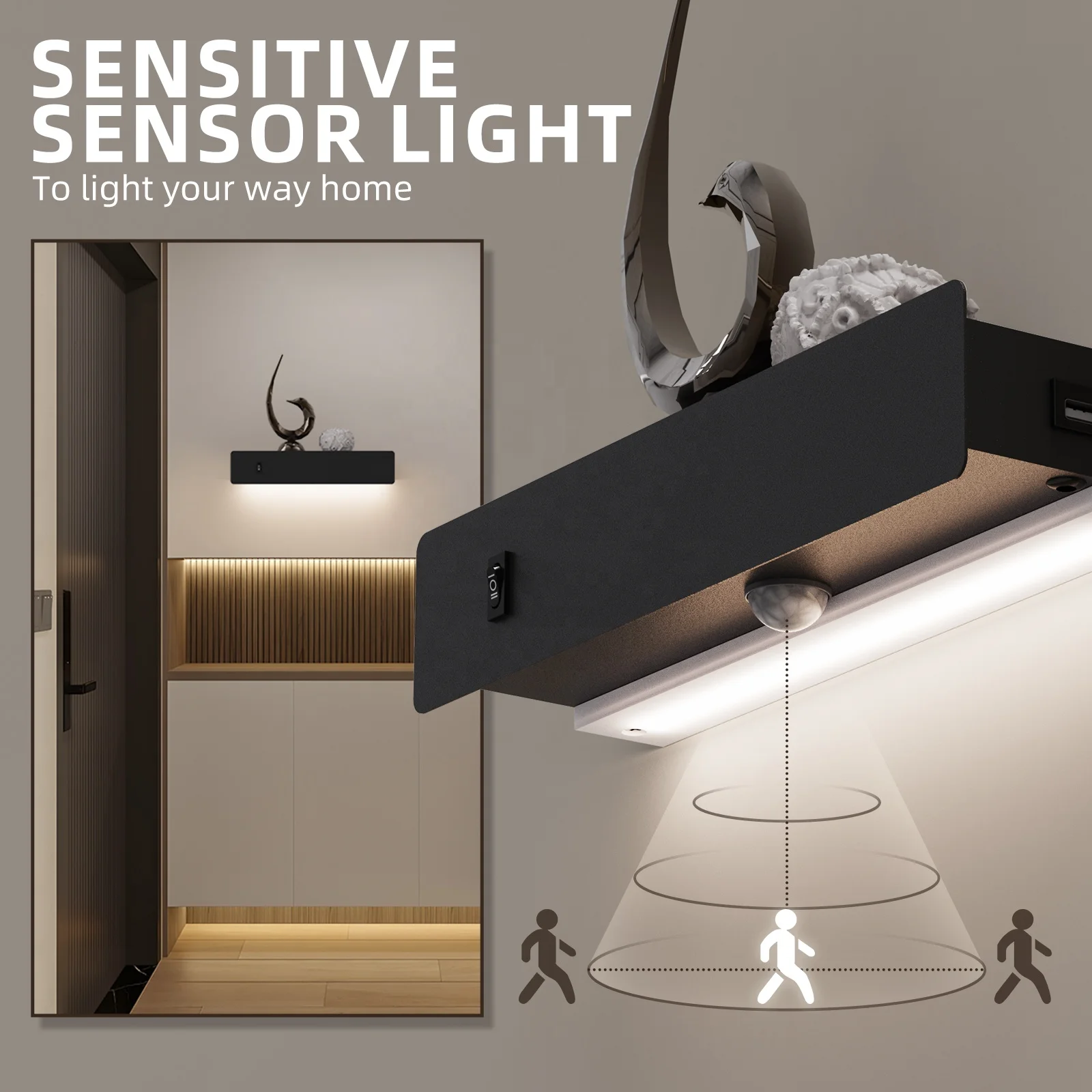 HYMELA M12 Modern LED Wall Sconces w/ Shelf 2 In 1 Hardwired/ Plug In Motion Sensor Dimmable Wall Lamp 3000K Wall Mounted Light