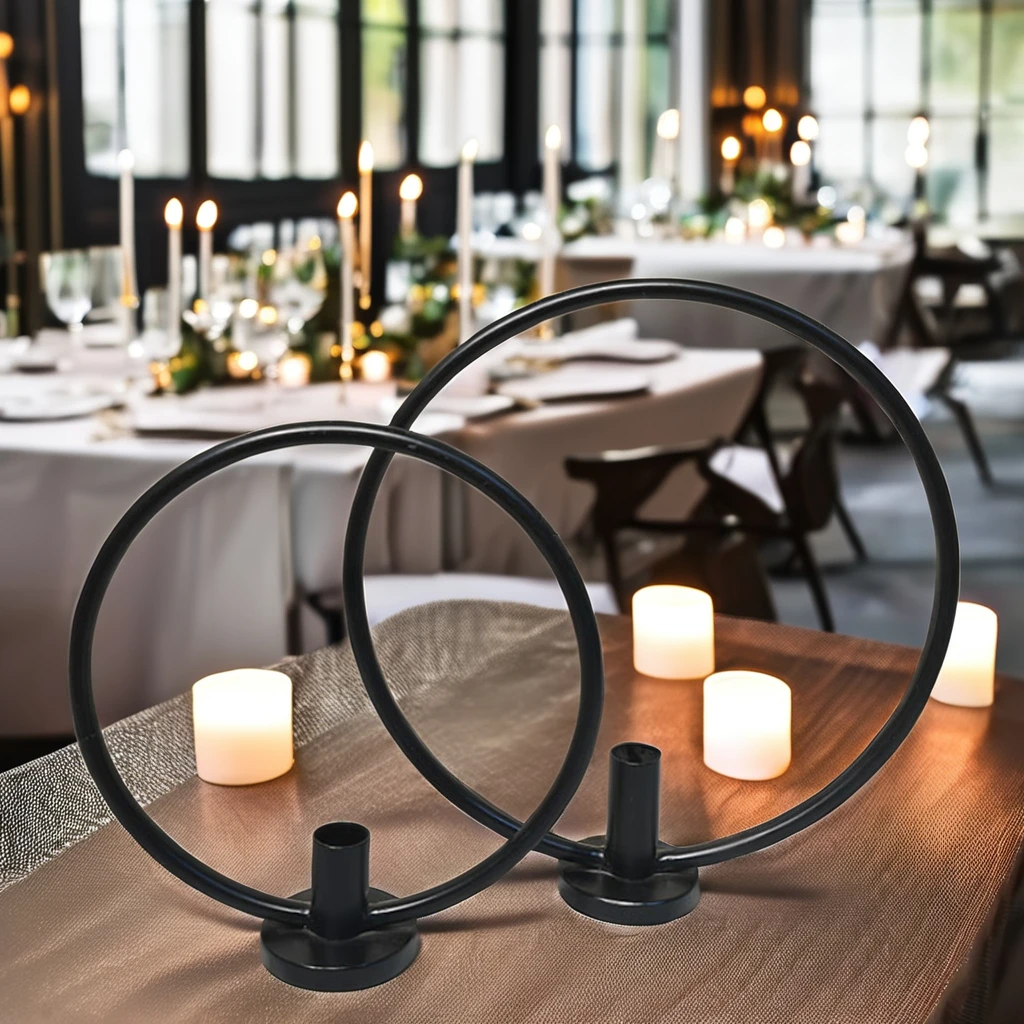Luxury Black Metal Hoop Chandelier Set of 2 Circle Candle Holders for Weddings & Parties Elegant Wedding Lanterns & Props
