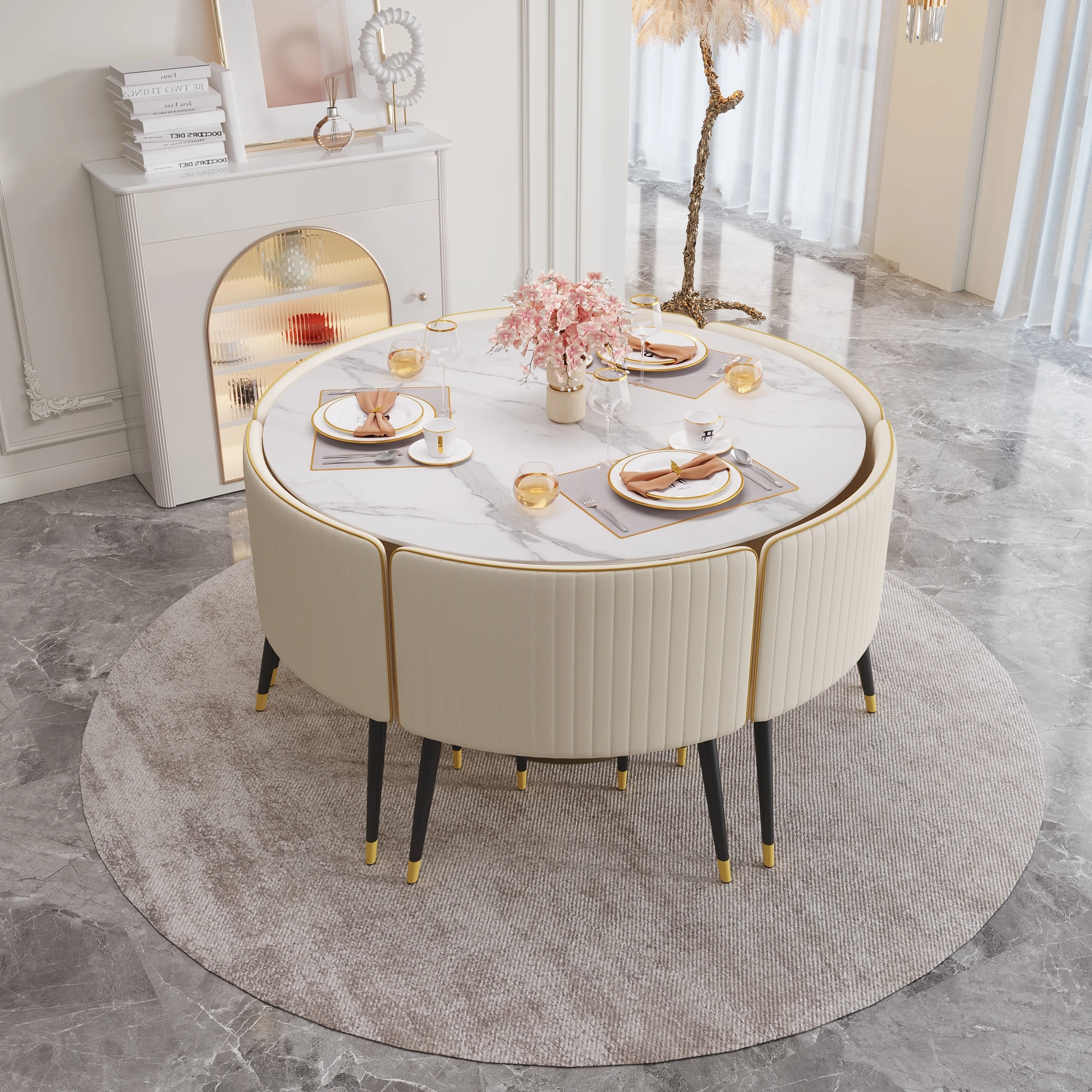 Luxury European Style Dining Room Furniture 6 Seater Metal Feet Design Slate Stone Round Dining Table