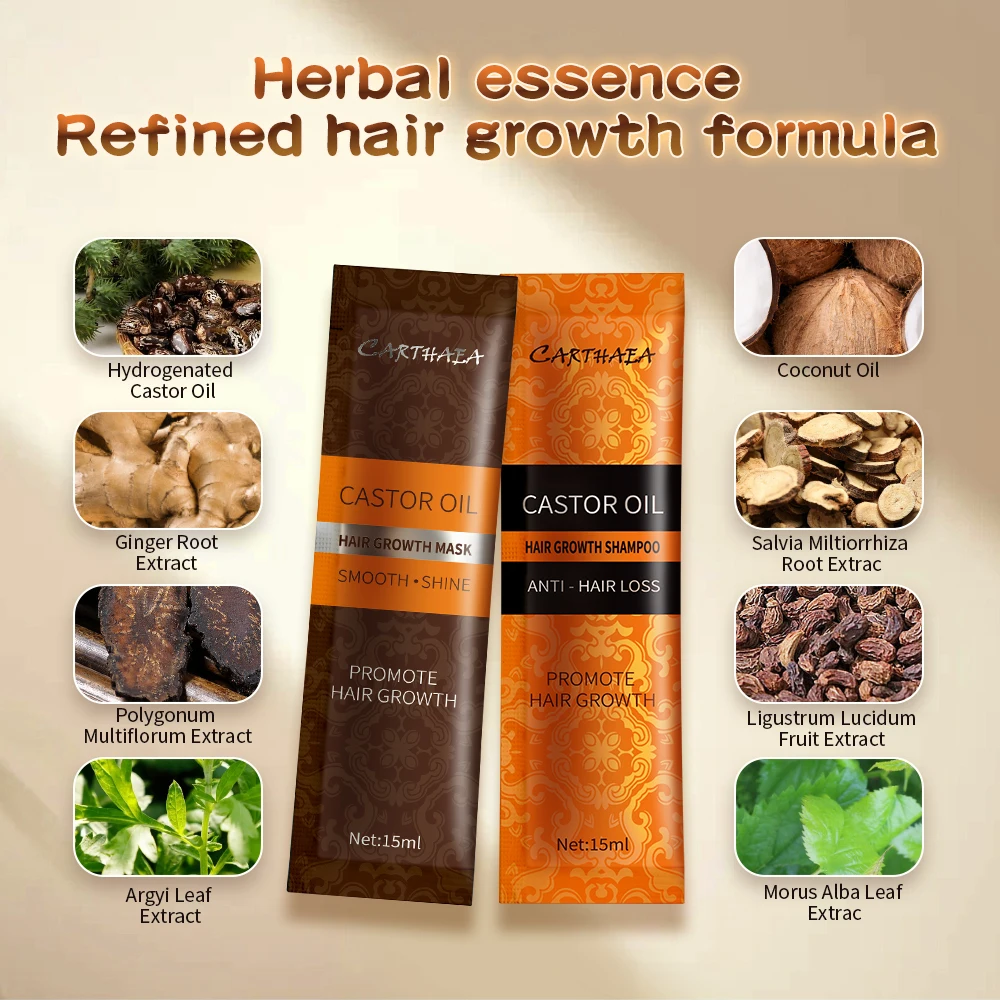 Carthaea Dandruff Frizz Castor Oil Scalp Care Repair Damaged Sachet Anti Loss Regrowth Growth Hair Shampoo and Mask for Hair
