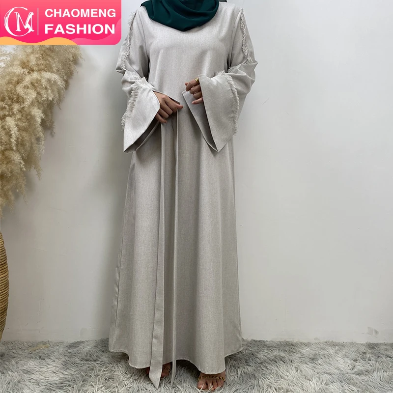 6804# ChaomengFashion Factory Wholesale Linen Dress Muslim Women Summer Casual Maxi Dresses With Tassel And Split Cuff