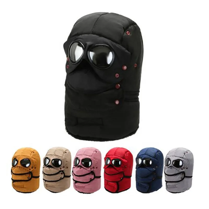 HOT Unisex Winter Plush Warmth Winter Hats Mens Facemask Hat With Glasses Windproof Russian Winter Hats With Mask for Women