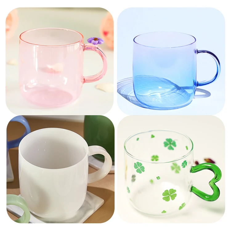 Hot Sale Pink Blue Amber Glass Cups Custom Logo Decal Colored Clear Transparent Glass Cups Mugs