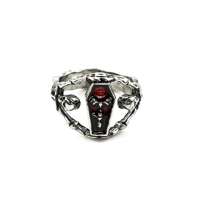 Vintage Punk Skull Engagement Ring for Men Hip Hop Fashion Red Enamel Plated Silver Color Jewelry for Women