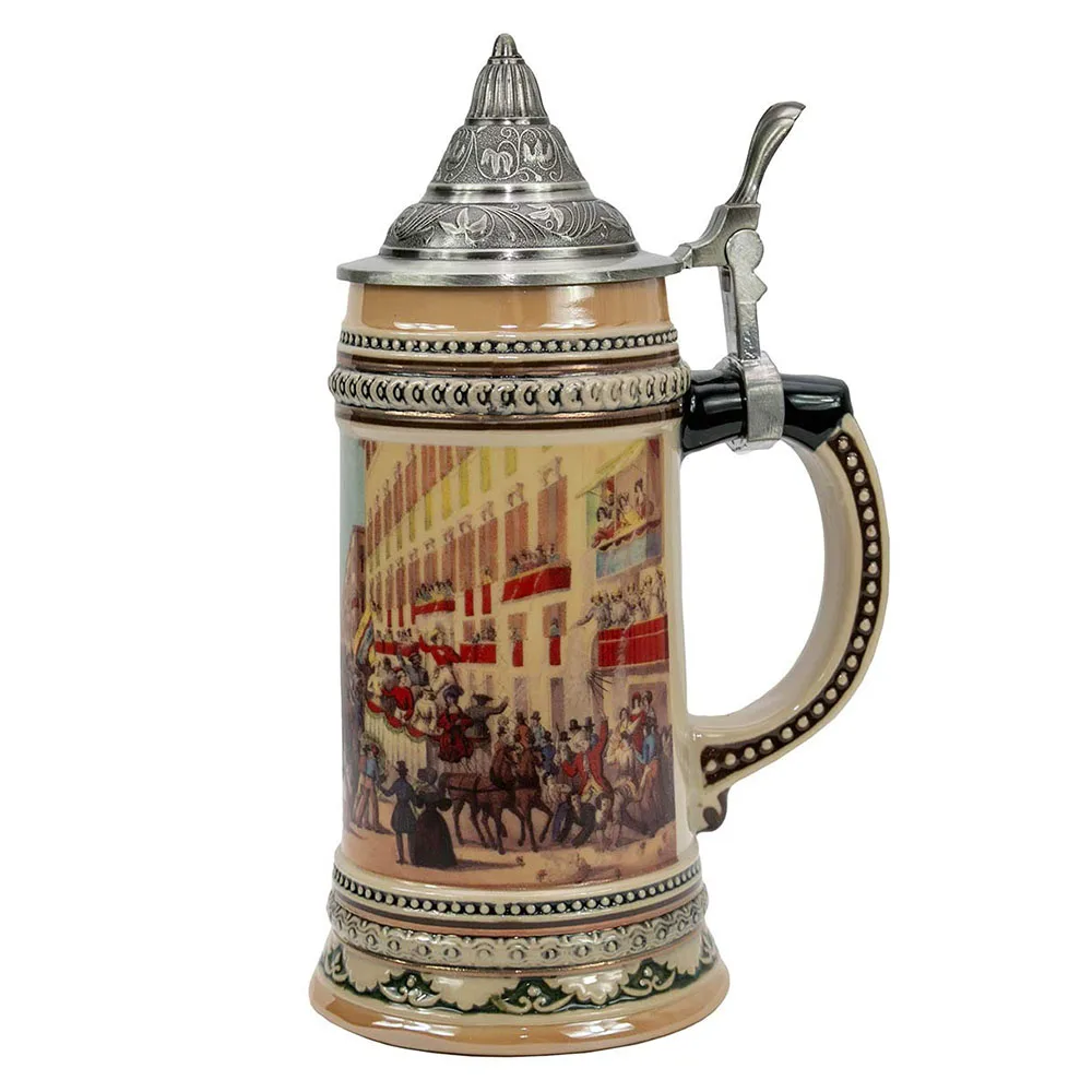 Viva carnevale scene of 19th century European street  decor Ceramic German Beer Stein with Metal Lid