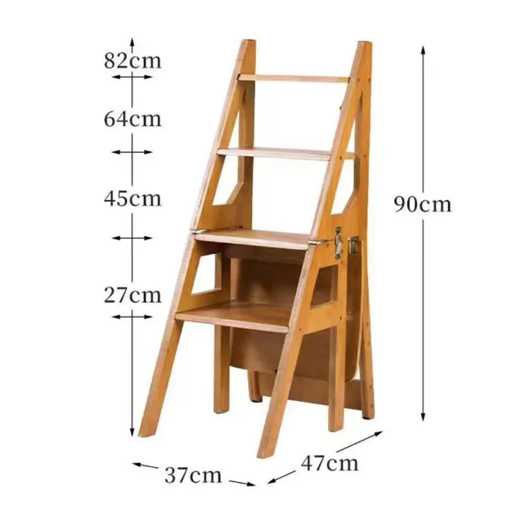 3 in 1 Wood Bamboo Folding Standing Multi-Function Ladder Plant Shelf Rack Step Stool Chair Multi-functional 4 step ladder chair