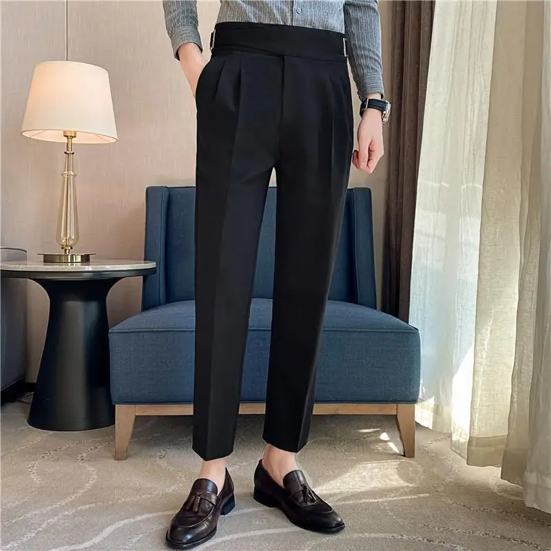 High Quality Personality Belt Non-iron Slim Straight Trousers Korean Business Casual Suit Pants Work Office Party Dress Pants