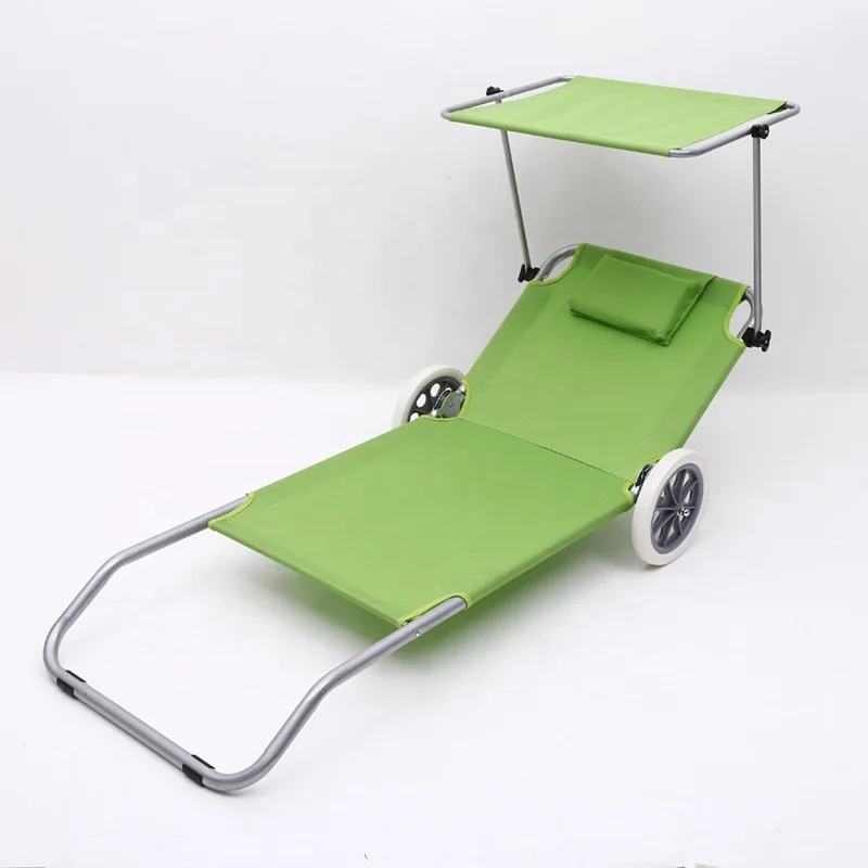 Outdoor camping aluminum lounge summer vacation Folding convenient Beach Chair with wheel canopy 600D oxford bed