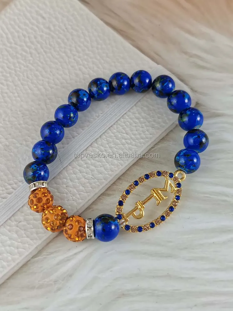 Greek Sorority Organization 1922 Custom Blue String Beaded Bracelets Hand Made Adjustable Imitation Pearl Bracelet