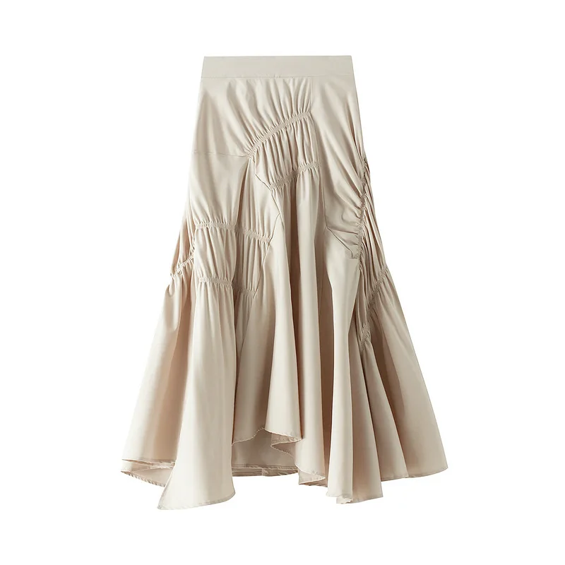 Solid High Waist Asymmetrical Split Shirred Maxi Skirt