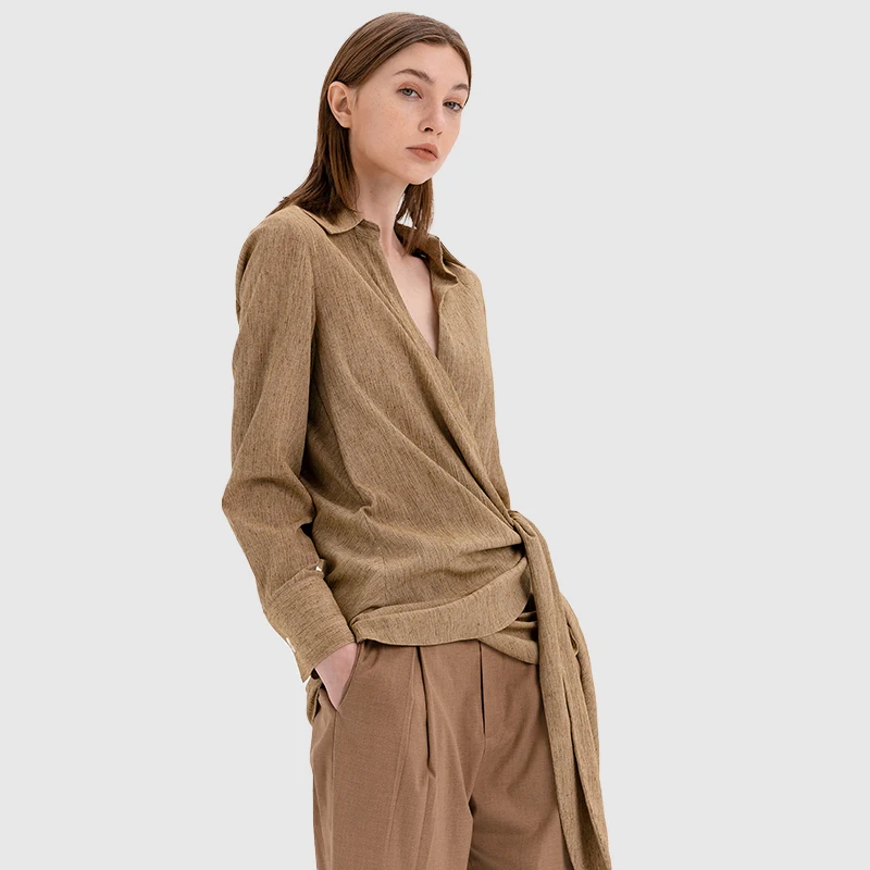 Wholesale customized lapel collar front waist twist tie loose blouses long sleeve linen shirts for women