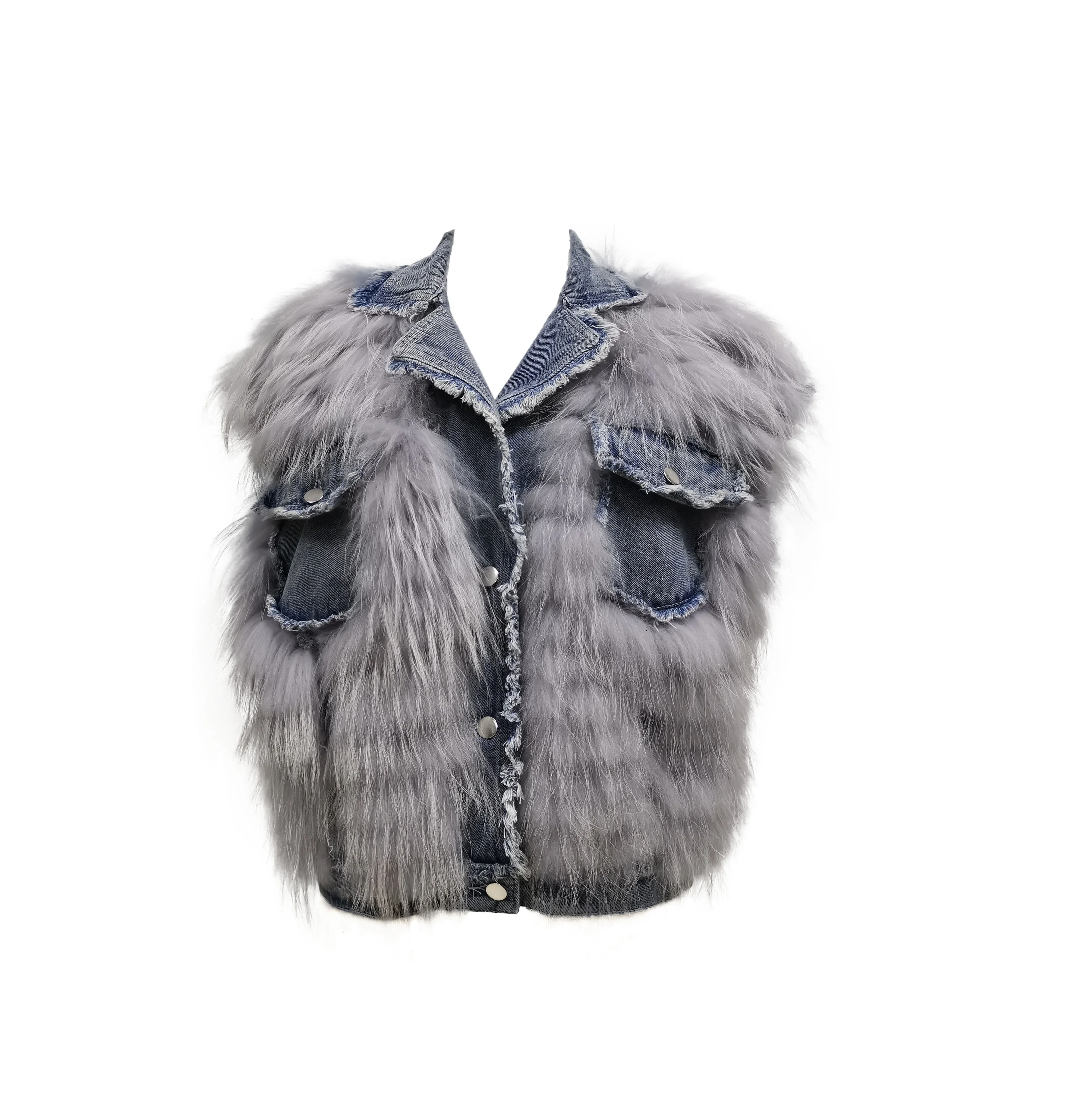 New Fashion Quilt Combination Design Temperament Women Clothing Soft Short Grey Denim Fur Vest