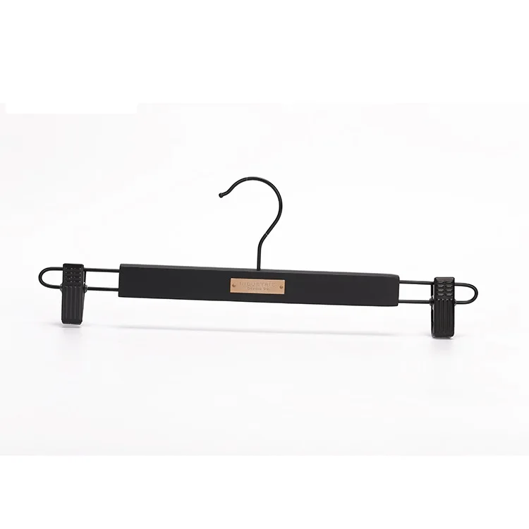 Clothing Organizing Custom LOGO Classic Black Wood Pants Hangers With Metal Plate LOGO
