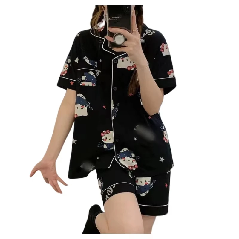 Hot Summer Anime Pjs Shorts Set Two Piece Sleepwear Women Home Nightwear Loungewear Hello Kt Cute Cartoon Girl Pajamas Set