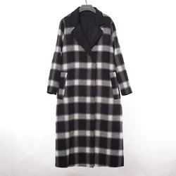 New Women Long Plaid Wool Coat Women Wool & Blends Black White Blend Cashmere Long Coat