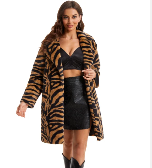2024 new style hot sale lapel zebra print winter jacket women sexy model fur coats for women