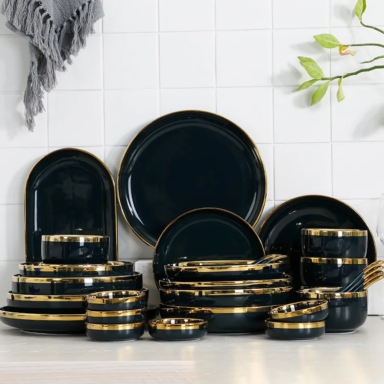 26 Piece Porcelain Dinnerware Set Bright Black Gold Edge Series Modern Dish Set For 6 People Round Serving Plates Dishes Set