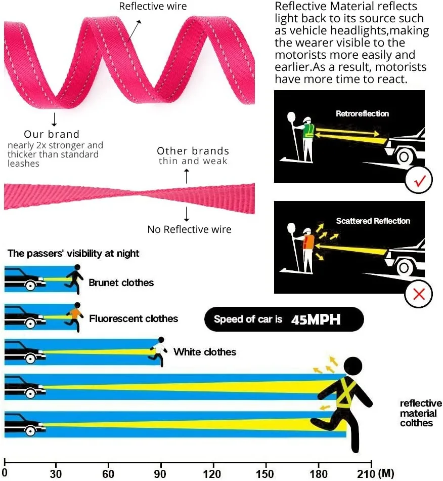 6ft 8ft Traffic Dog Leash Padded 2 Handle Reflective Nylon Double Handle Dog Leash