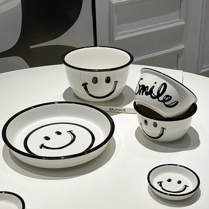 Ins Korean Style Smile Face Tableware Hand-painted Minimalist Ceramic Plate Mug Rice Bowl Dish Set