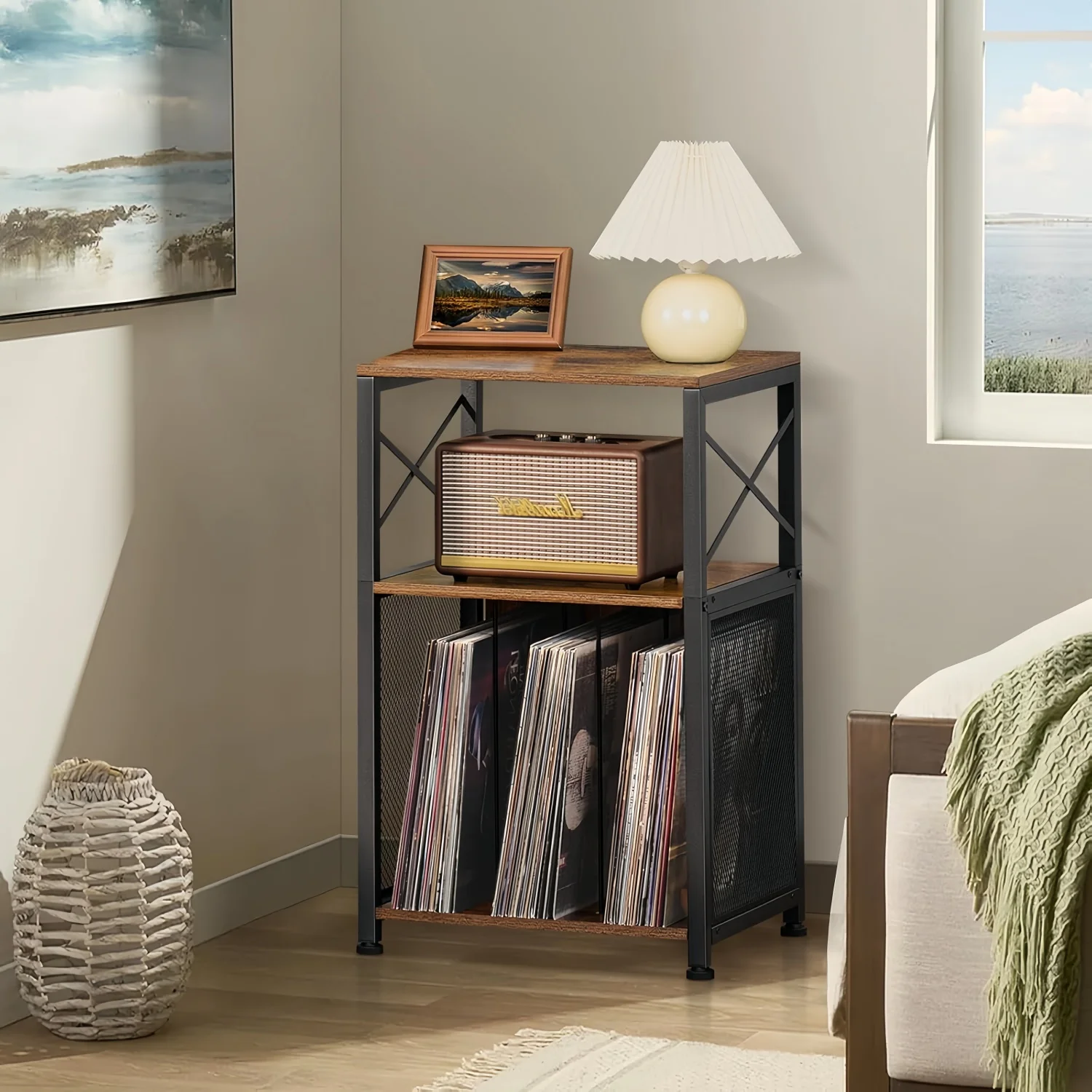 3-Tier Brown Vinyl Records Storage Holder Turntable Stand Display Shelf Bedroom Living Room Office CD Rack 100 Albums End Table