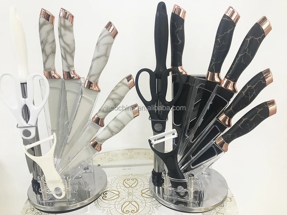 9pcs set Kitchen Chef Bread Steak Knives Set Knife Block Set with Acrylic Base that Rotates 360 Degrees