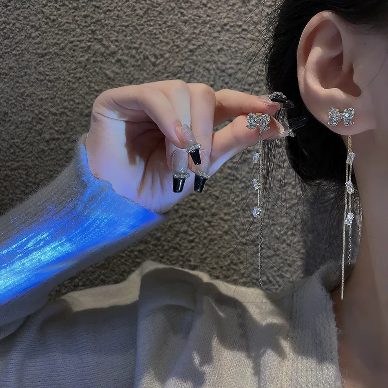 Temperament Fringe Rhinestone Earrings Bling Bling Earrings Bow Fashion Jewelry Stud Earrings