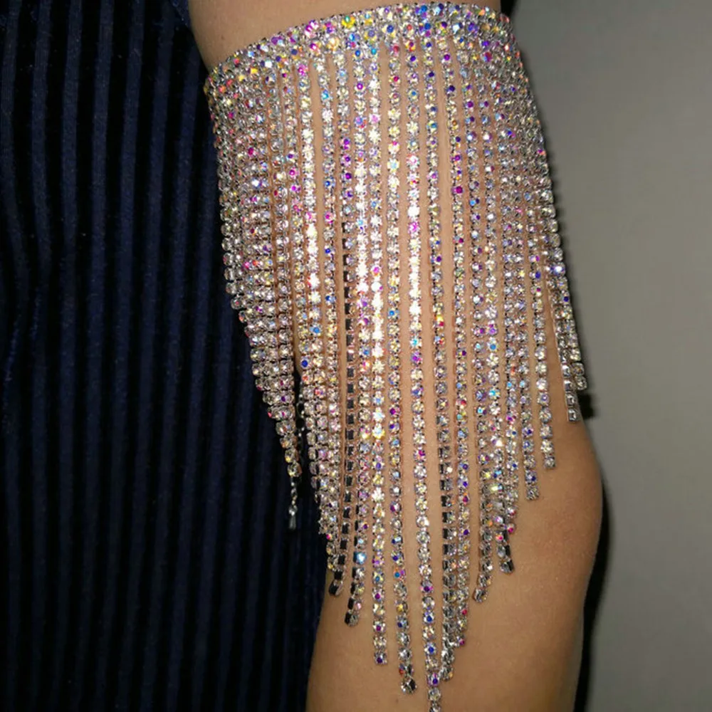  Luxury Colorful Rhinetone Long Tassel Arm Chain Armband Hand Jewelry for Women Nightclub Bling Crystal Wedding Bracelet
