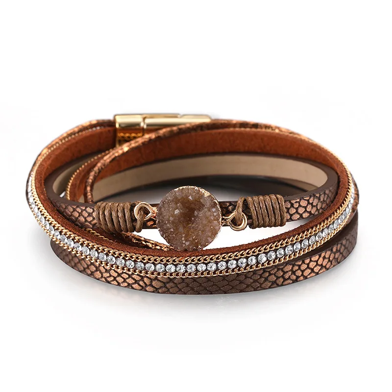 Ethnic Multi Layered Leather Druzy Stone Charm Bracelets Handmade Quartz Crystal Leather Bracelet