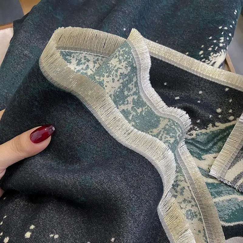 2023 cashmere imitation and winter Korean version of everything contrasting landscape simple retro warm neck