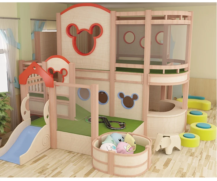 Moetry Singapore Hot Sale Preschool 2-Story Play Fort Low Loft Bed for Toddlers Kindergarten Play Furniture