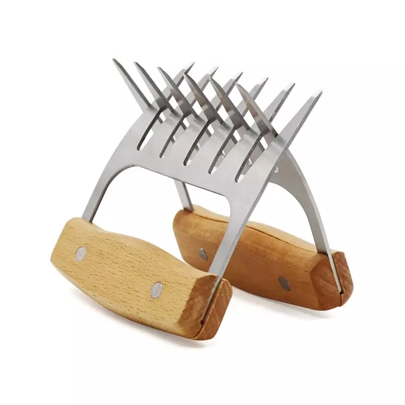 Barbecue Stainless Steel Claw Fork Chicken Bear Wood Meat Shredder Claws With Wooden Handling