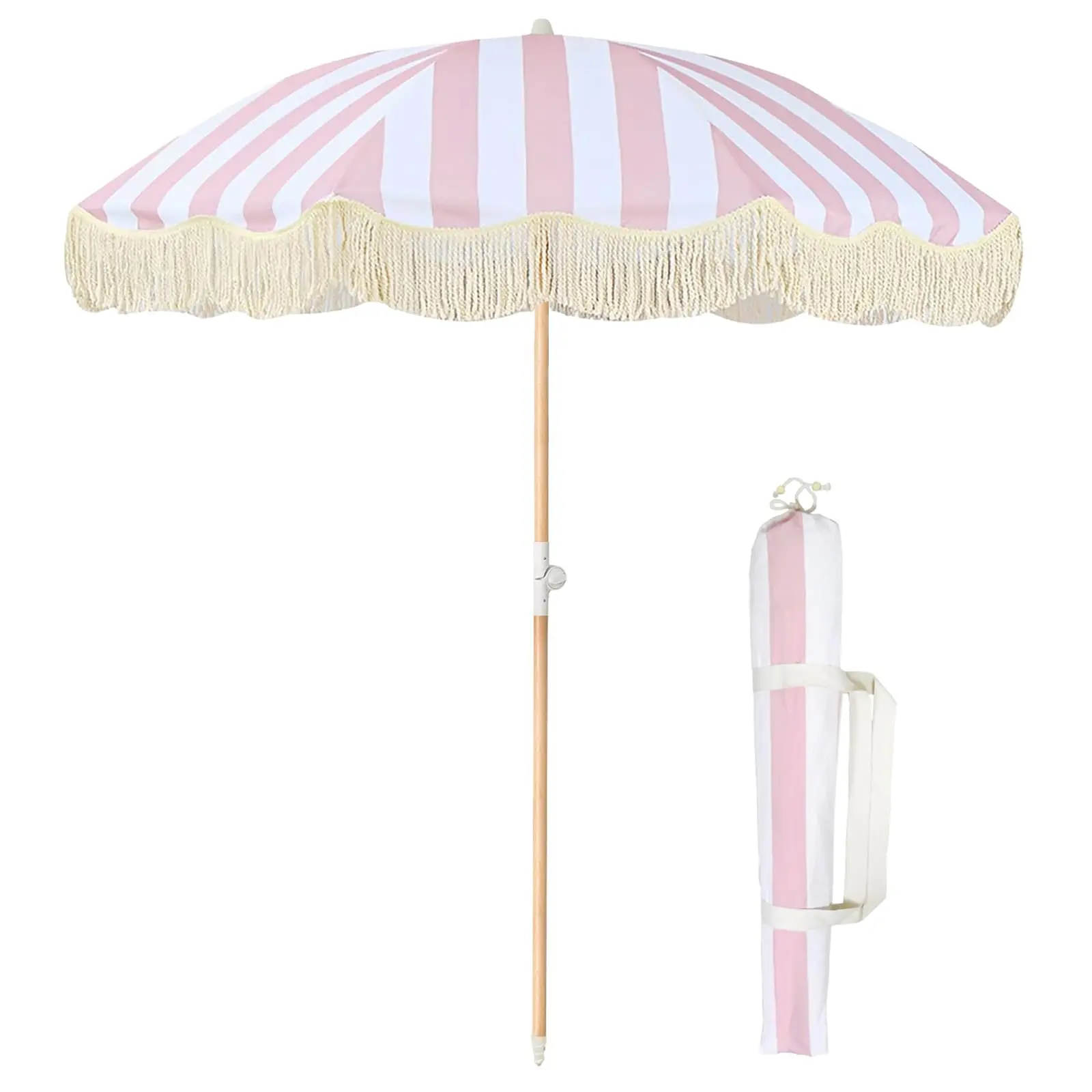 Stripe Premium Outdoor Vintage Wooden Fringe Sun Beach Umbrella Outdoor Furniture Beach Umbrella with Tassels Garden Umbrella