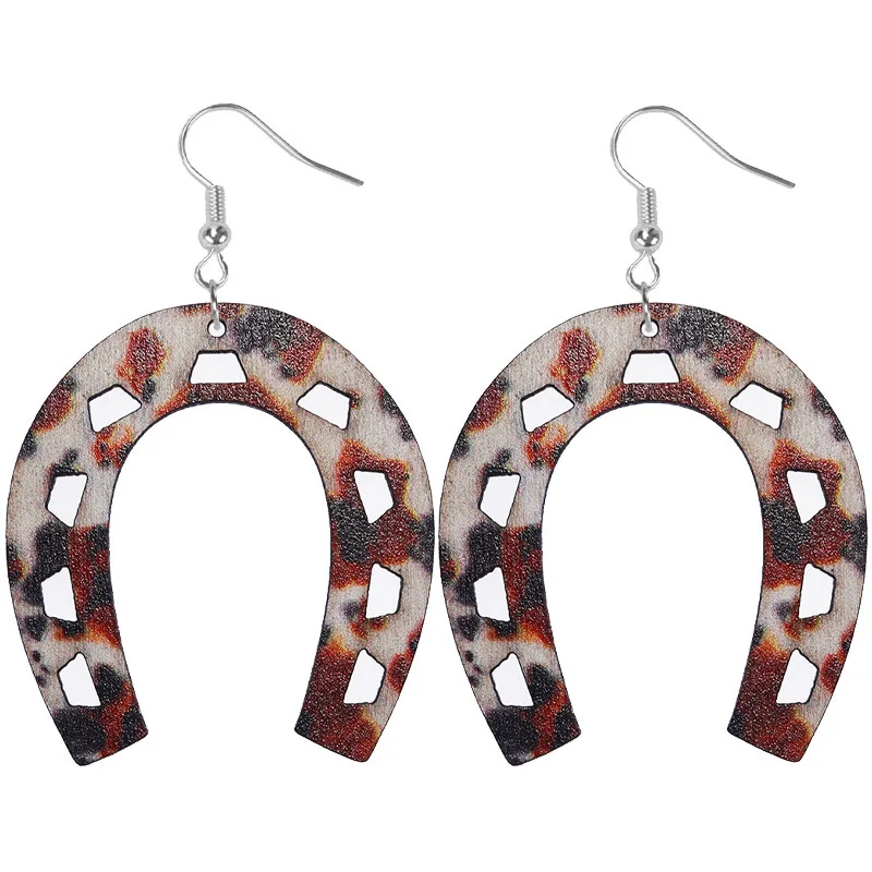 Ethnic Wholesale Geometric U Shape Pendant Earrings For Women Western Cowboy Horseshoe Shaped Wooden Drop Earrings