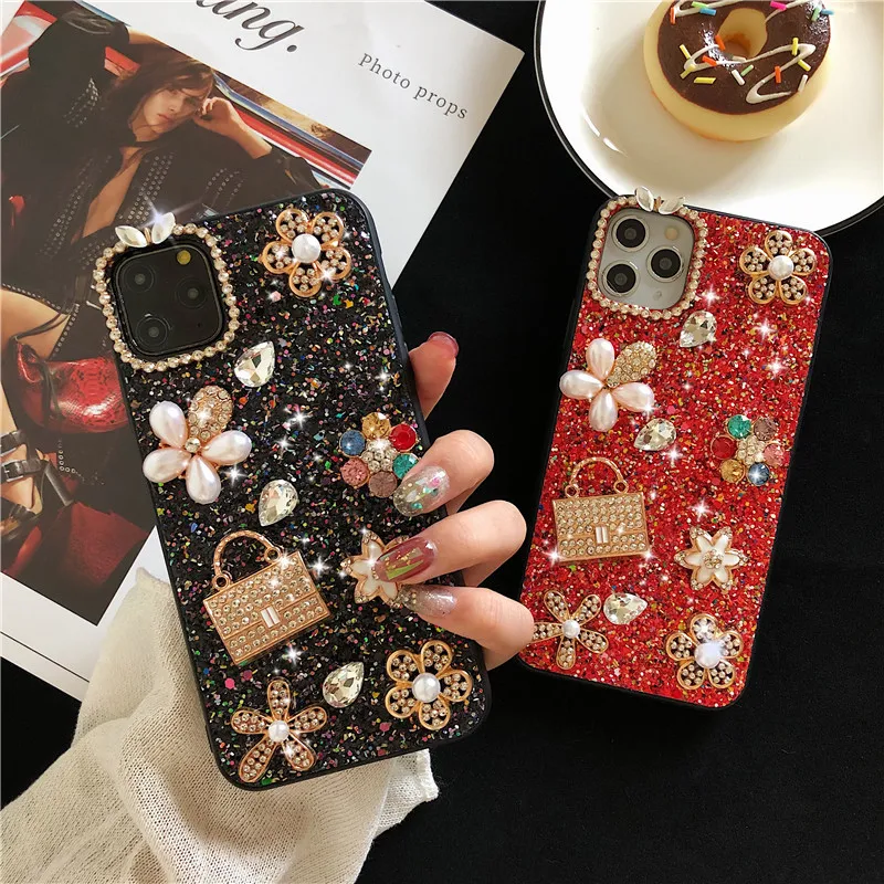 Luxury Women Bag Bling Glitter Sunflower Pearl Diamond Phone Cases For iphone 14 13 Pro Xs Max 12 11 XR 7 8 Plus Soft TPU Cover