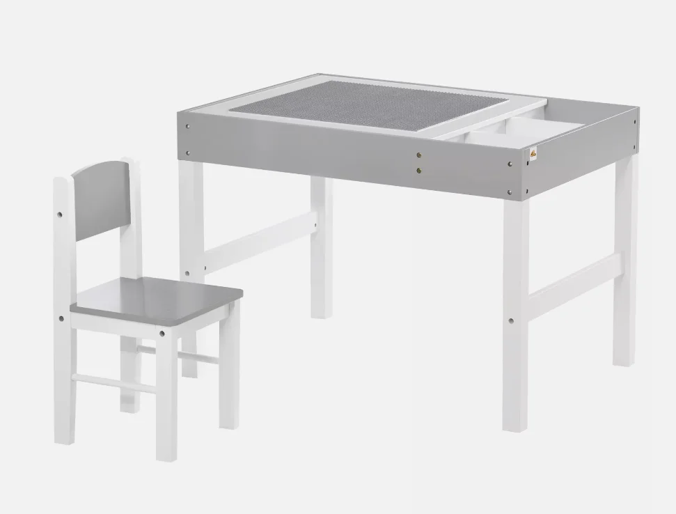 Kids wooden Table and Chair Set with Building Blocks Desktop with storage space